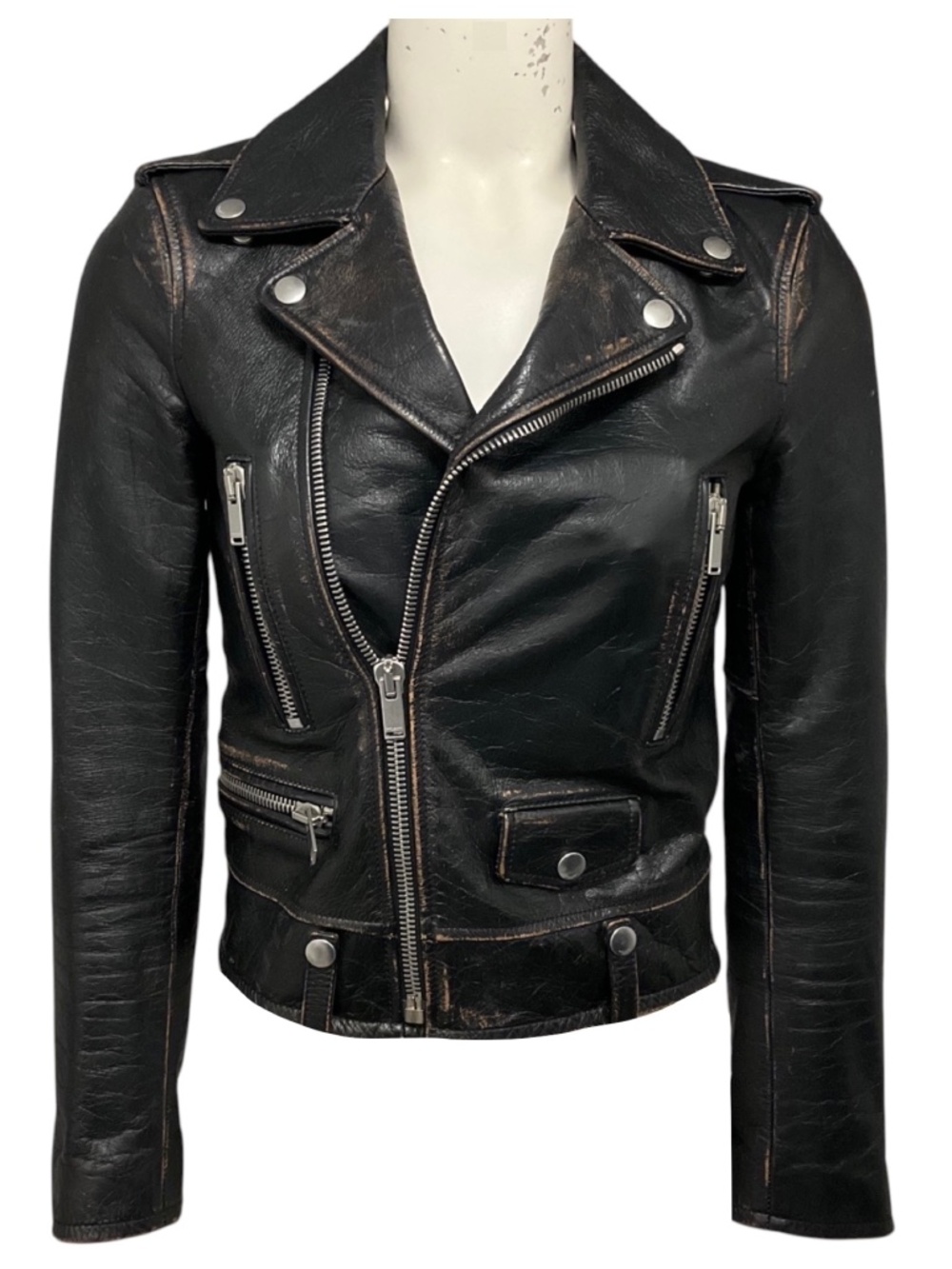 SAINT LAURENT BLACK DISTRESSED CALFSKIN LEATHER BIKER JACKET